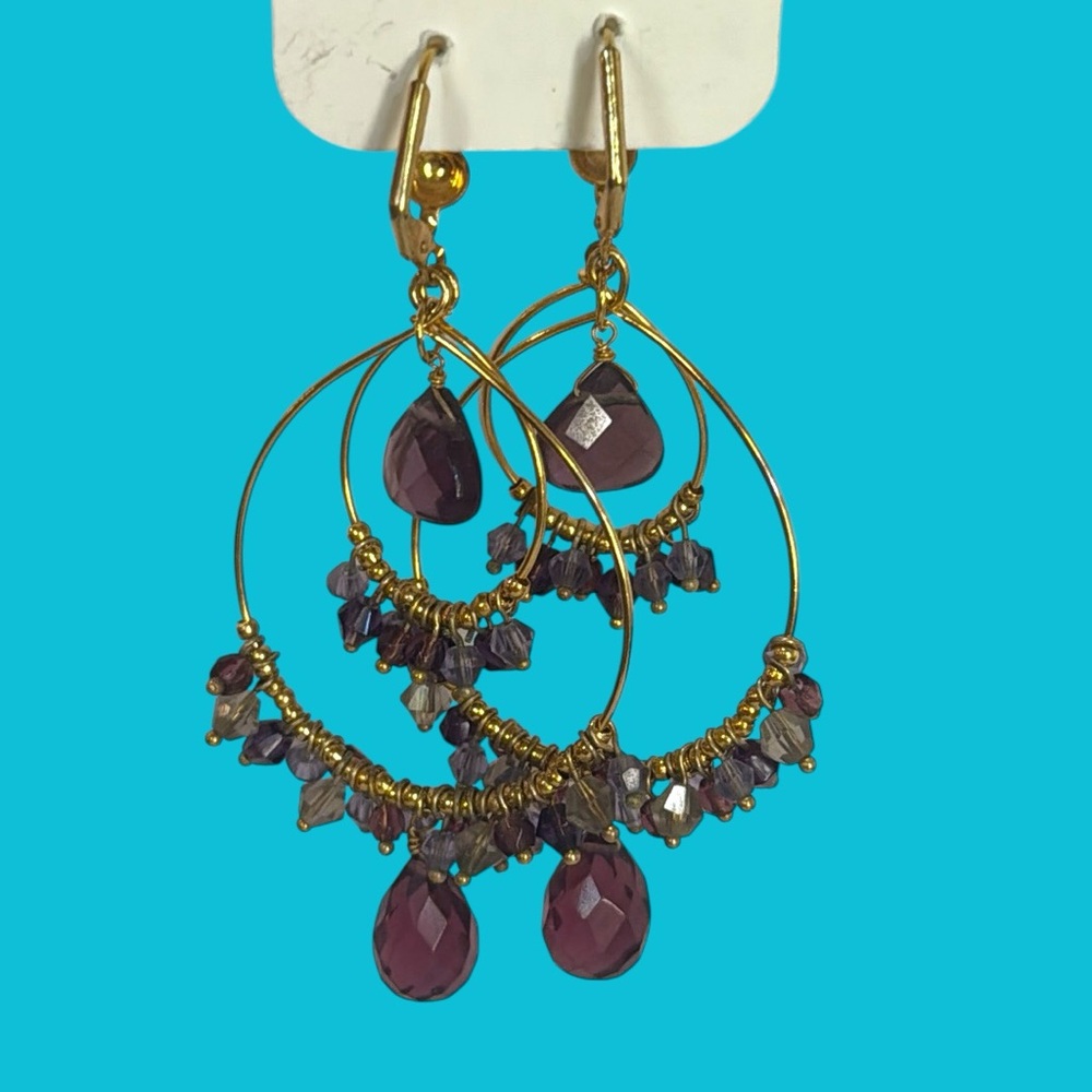 NWT Gold Plated Australian Purple Crystal Double Hopped Earrings